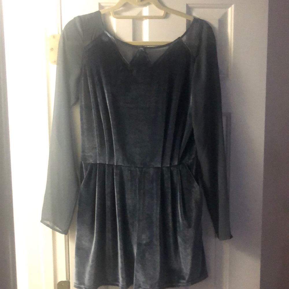 BCBGeneration velvet dusty blue romper with sheer